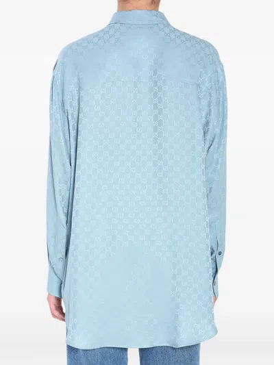 Gucci Silk Shirt With Monogram Motif In Blue