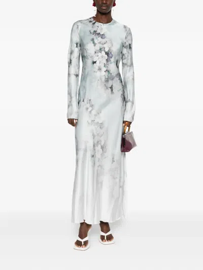 Alberta Ferretti Degrade Floral Print Washed Satin Long-sleeve Gown In Gray