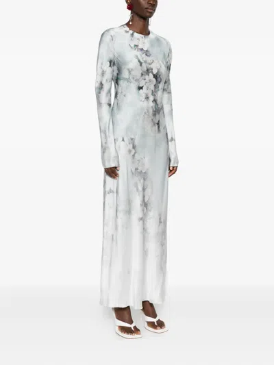 Alberta Ferretti Degrade Floral Print Washed Satin Long-sleeve Gown In Gray
