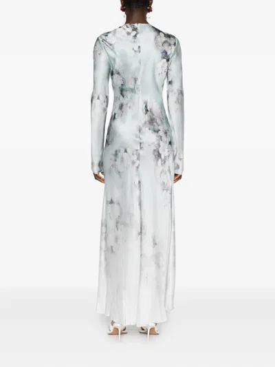 Alberta Ferretti Degrade Floral Print Washed Satin Long-sleeve Gown In Gray