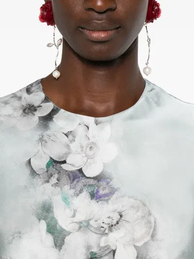 Alberta Ferretti Degrade Floral Print Washed Satin Long-sleeve Gown In Gray