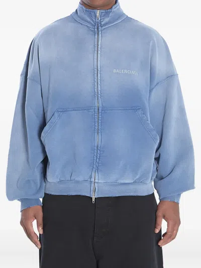 Balenciaga Distressed Logo Zip-up Sweatshirt In Blue