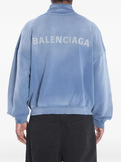 Balenciaga Distressed Logo Zip-up Sweatshirt In Blue