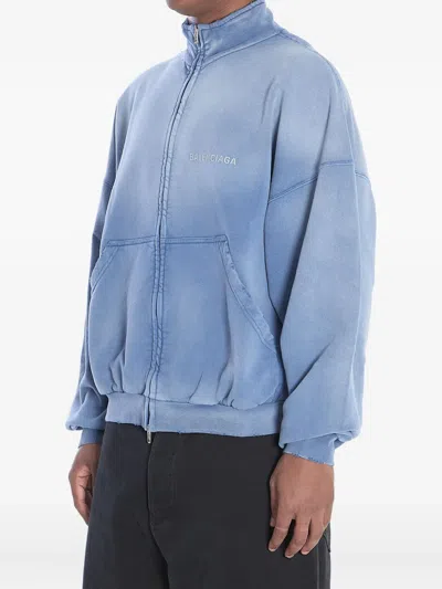 Balenciaga Distressed Logo Zip-up Sweatshirt In Blue