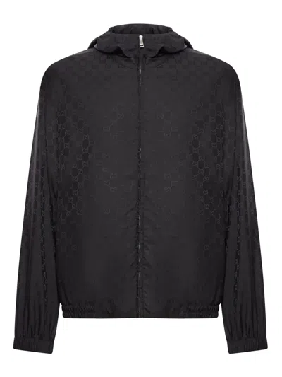 Gucci Men Gg Jacquard Nylon Zip-up Jacket In Black