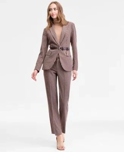 Anne Klein Single Button Blazer Turtleneck Sweater Houndstooth Print Pants In Brown