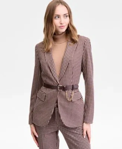 Anne Klein Single Button Blazer Turtleneck Sweater Houndstooth Print Pants In Brown