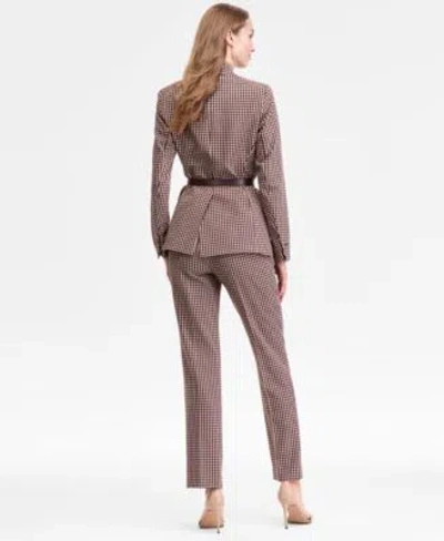 Anne Klein Single Button Blazer Turtleneck Sweater Houndstooth Print Pants In Brown