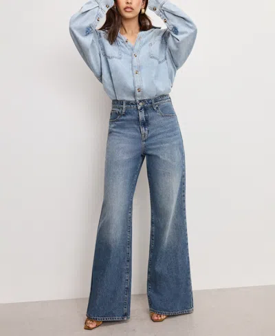 Good American Womens Long-sleeves Wide-leg Denim-blend Jumpsuit Indigo796 In Blue