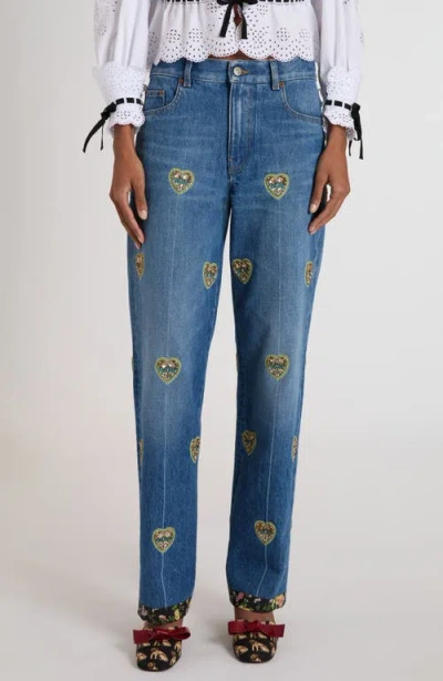 Valentino Embroidered Embellished High-rise Straight-leg Jeans In Blue
