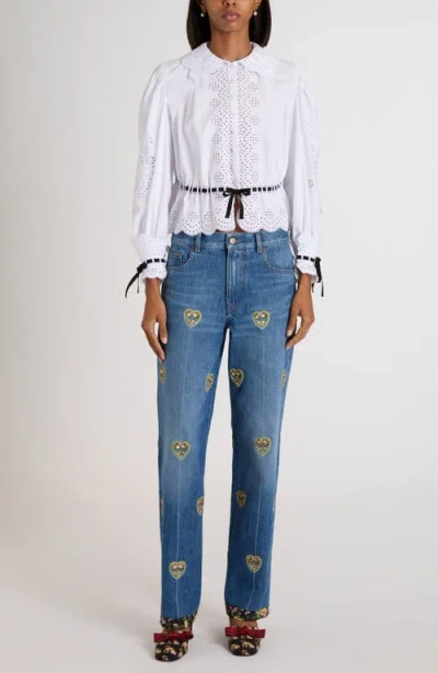 Valentino Embroidered Embellished High-rise Straight-leg Jeans In Blue