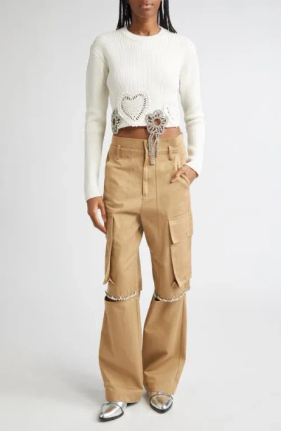 Area Crystal Crocheted Flower Cropped Sweater In White