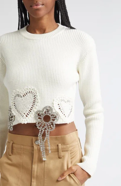 Area Crystal Crocheted Flower Cropped Sweater In White