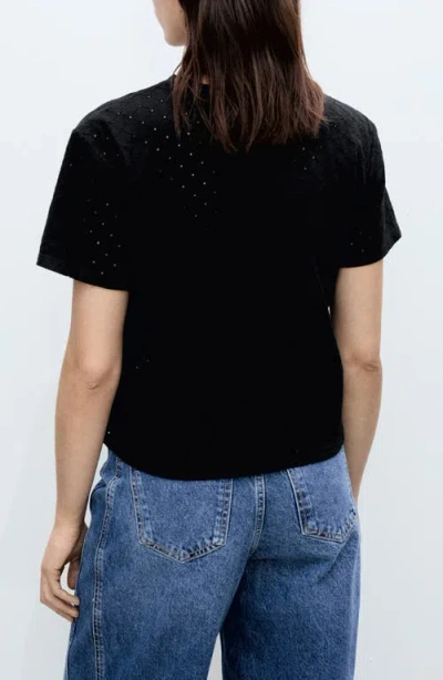 Mango Embroidered Openwork Cotton T-shirt In Black
