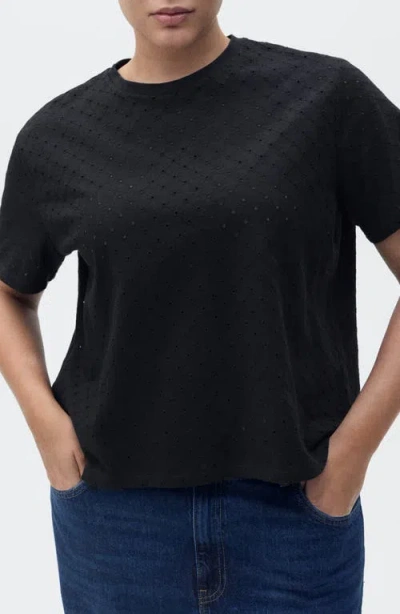 Mango Embroidered Openwork Cotton T-shirt In Black