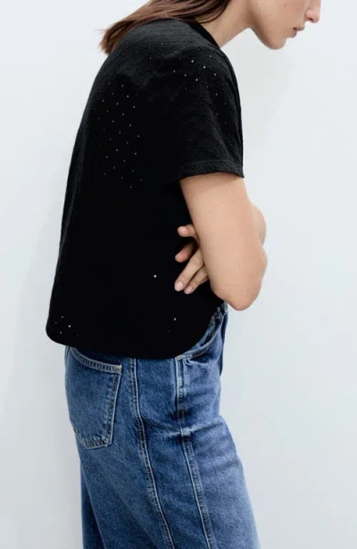 Mango Embroidered Openwork Cotton T-shirt In Black