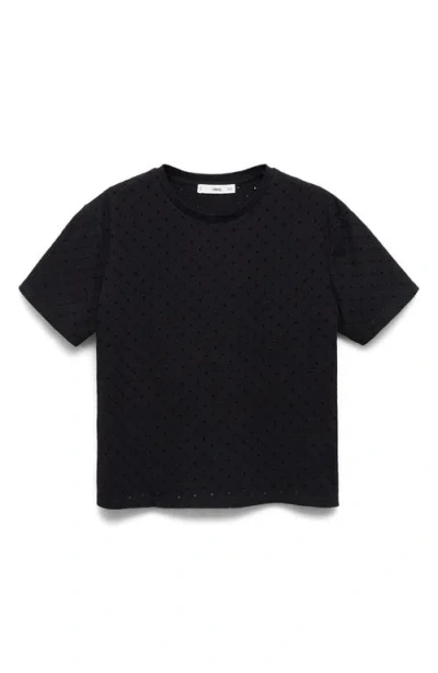 Mango Embroidered Openwork Cotton T-shirt In Black
