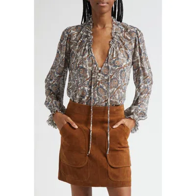 Veronica Beard Hickory Print Tie Neck Silk Blend Shirt In Multi