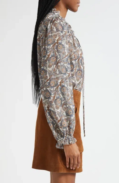 Veronica Beard Hickory Print Tie Neck Silk Blend Shirt In Multi