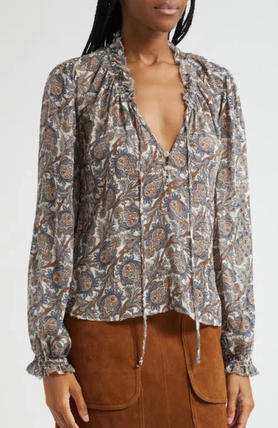 Veronica Beard Hickory Print Tie Neck Silk Blend Shirt In Multi