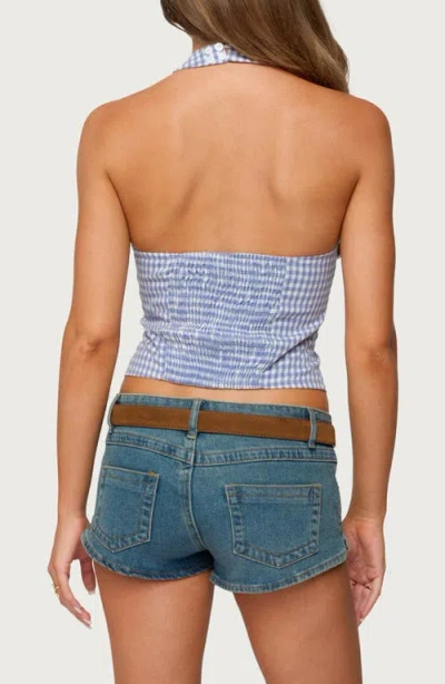 Edikted Evan Gingham Button Up Halter Top In Blue