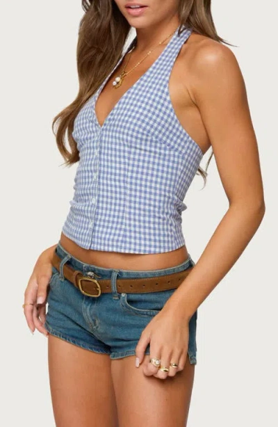 Edikted Evan Gingham Button Up Halter Top In Blue