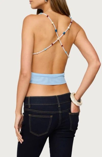 Edikted Beaded Deep Cowl Neck Backless Top In Blue