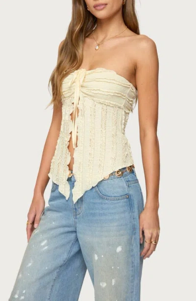Edikted Textured Ruffle Split Front Strapless Top In Neutral