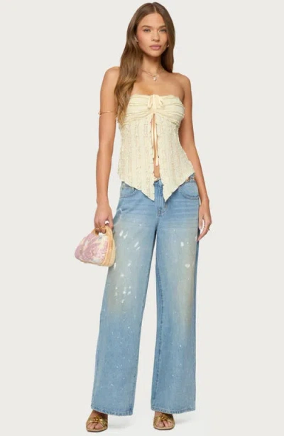 Edikted Textured Ruffle Split Front Strapless Top In Neutral