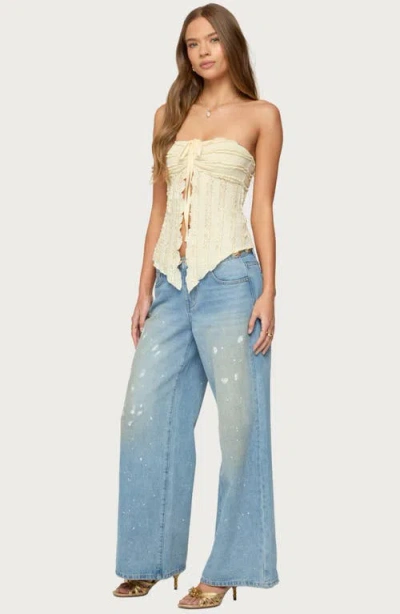 Edikted Textured Ruffle Split Front Strapless Top In Neutral