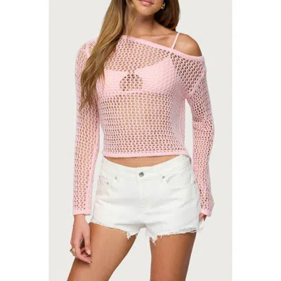 Edikted Inara Off-the-shoulder Long Sleeve Mesh Top In Pink