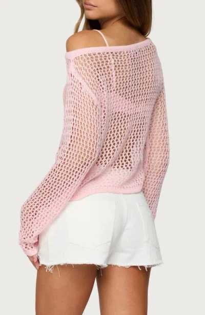 Edikted Inara Off-the-shoulder Long Sleeve Mesh Top In Pink