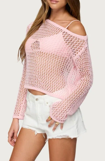 Edikted Inara Off-the-shoulder Long Sleeve Mesh Top In Pink