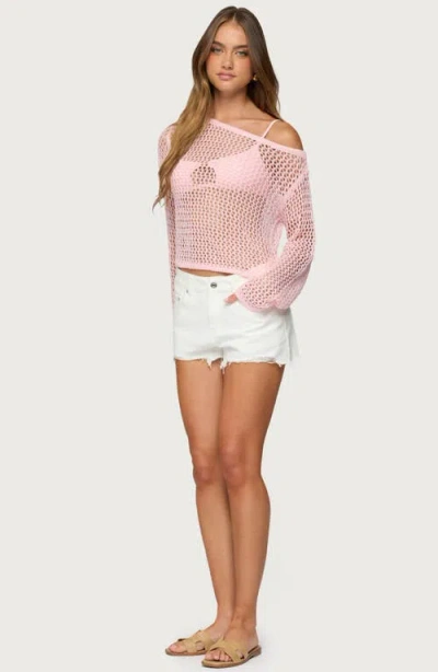 Edikted Inara Off-the-shoulder Long Sleeve Mesh Top In Pink