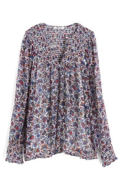 Madewell Smocked Split Crewneck Top In Multi