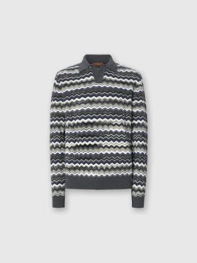 Missoni Mens Grey And Beige Tones Zig-zag Pattern Long-sleeve Cotton And Wool Polo Shirt In Gray