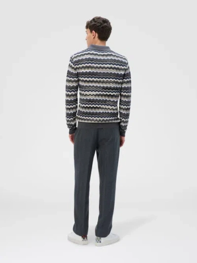 Missoni Mens Grey And Beige Tones Zig-zag Pattern Long-sleeve Cotton And Wool Polo Shirt In Gray