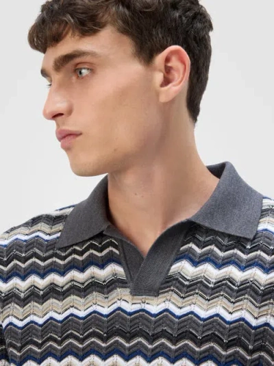 Missoni Mens Grey And Beige Tones Zig-zag Pattern Long-sleeve Cotton And Wool Polo Shirt In Gray