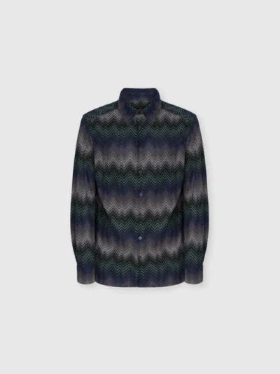 Missoni Mens Chevron Relaxed-fit Cotton-blend Shirt Blue And Green Tones