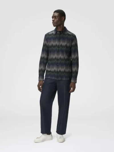 Missoni Mens Chevron Relaxed-fit Cotton-blend Shirt Blue And Green Tones