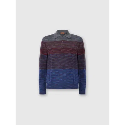 Missoni Long Sleeve Polo In Pure Wool With Flame Pattern In Multi
