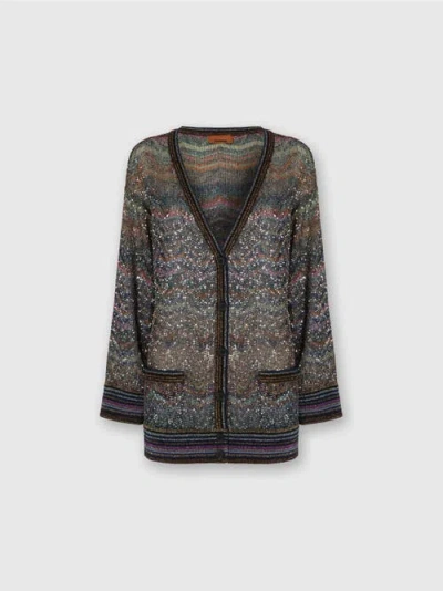 Missoni Oversized V-neck Cardigan With Zigzag Pattern In Brown