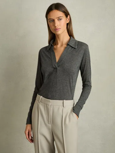 Reiss Charcoal Lyocell-wool Open-collar Top In Gray