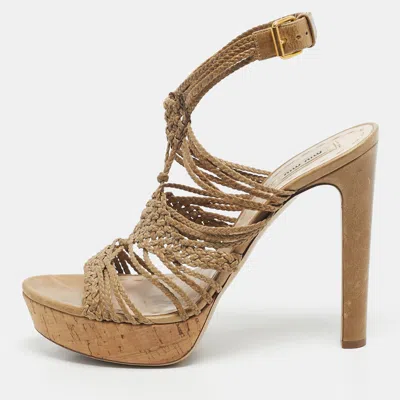 Pre-owned Miu Miu Woven Leather Ankle Strap Cork Platform Sandals Size 42 In Gold