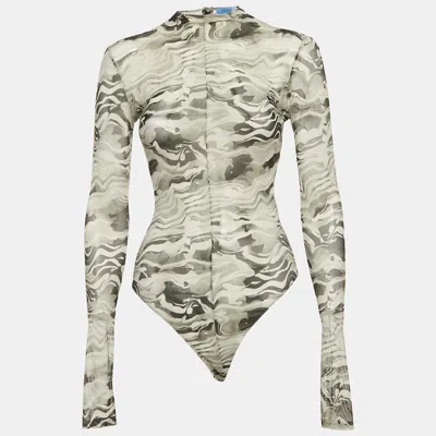 Pre-owned Mugler Grey Camouflage Print Mesh Bodysuit L In Gray