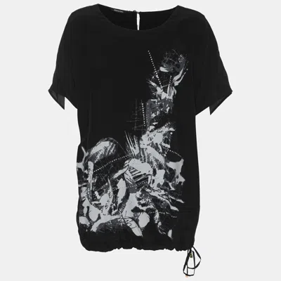 Pre-owned Elena Miro' Black Printed And Crystal Embellished Drawstring Tops L