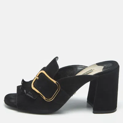 Pre-owned Prada Black Suede Buckle Fringe Block Heel Mules Size 37.5