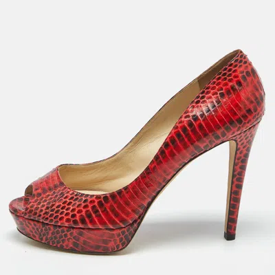 Pre-owned Jimmy Choo Red/black Python Dahlia Peep Toe Pumps Size 41