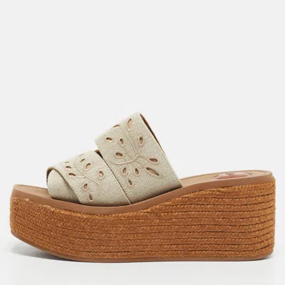 Pre-owned Chloé Beige/brown Embroidered Canvas Woody Platform Espadrille Sandals Size 38