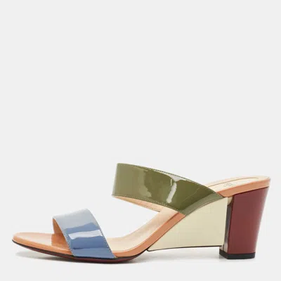 Pre-owned Fendi Multicolor Patent Leather Wedge Slide Sandals Size 39